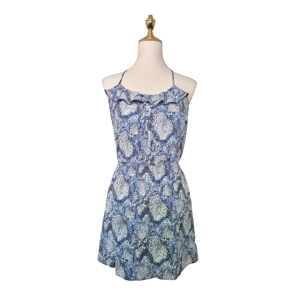 Parker 100% Silk Blue Snakeskin Print Racerback Ruffle Mini Dress‎ XS